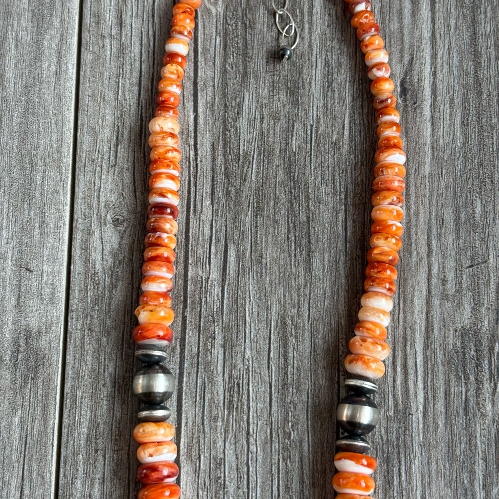 Handmade Navajo Sterling Silver and Orange Spiney Oyster Pendant with Necklace - Picture 6 of 6